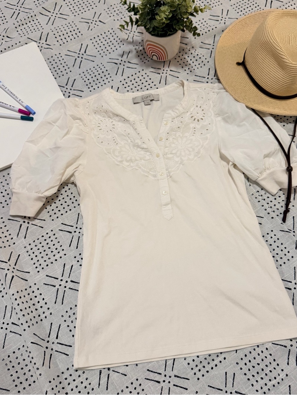 LOFT Cream Embroidered V-Neck Puff Sleeve Top